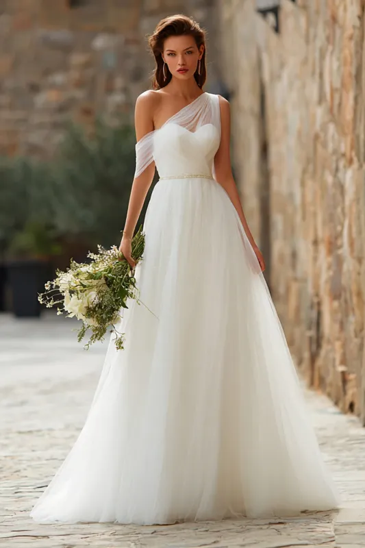Simple Ivory Tulle Asymmetrical Neck Long Wedding Dress sold by Zapaka