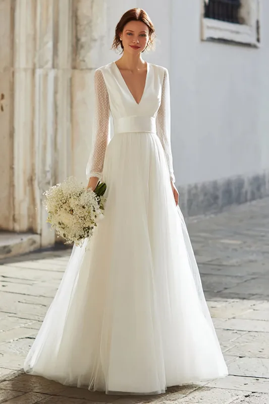 Elegant Ivory V-Neck A Line Maxi Wedding Dress with Sleeves sold by Zapaka
