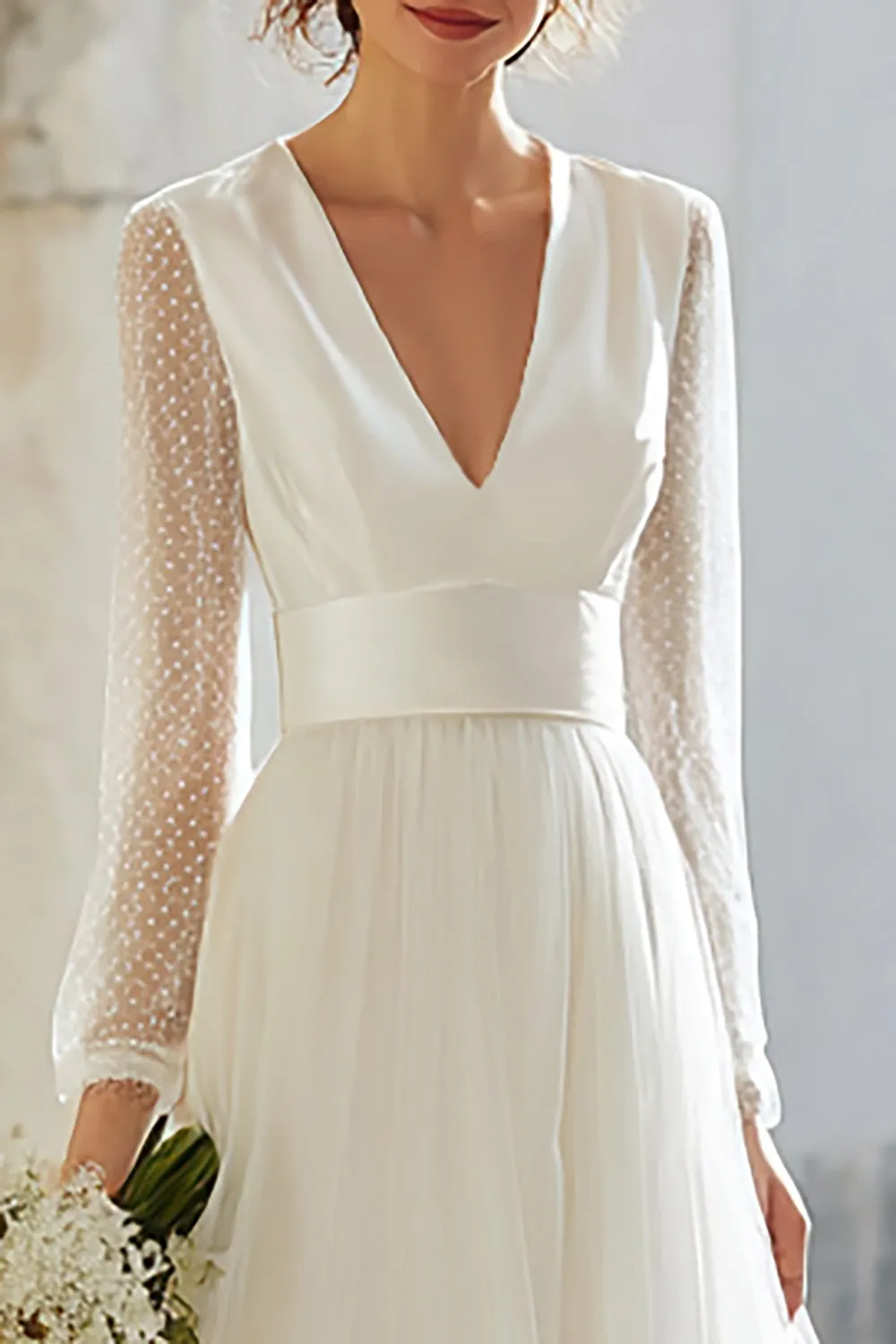 Elegant Ivory V-Neck A Line Maxi Wedding Dress with Sleeves sold by Zapaka product image thumbnail 2