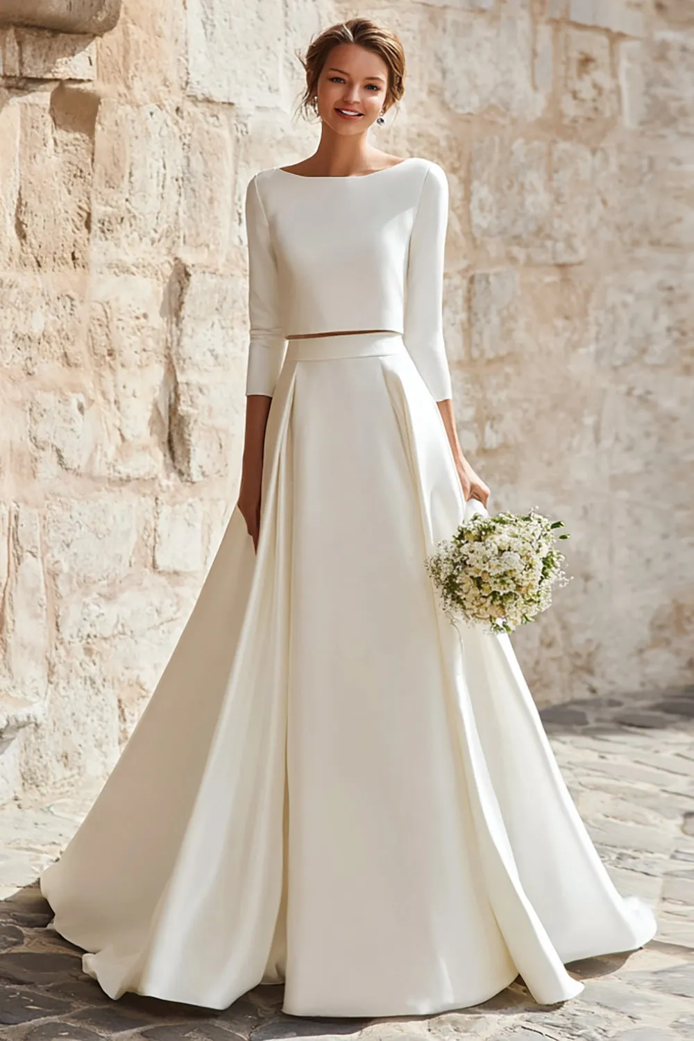 Ivory Boat Neck Satin 2 Piece Sweep Train A Line Wedding Dress sold by Zapaka