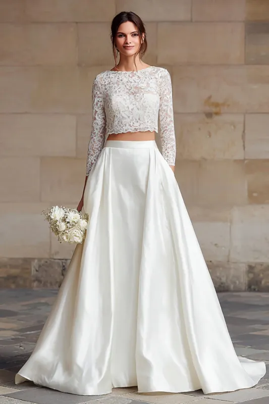 Ivory 2 Piece A Line Bateau Neck Wedding Dress with Lace sold by Zapaka