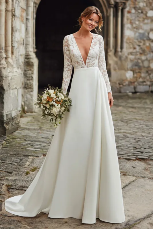 Ivory Beach Deep V-Neck A Line Wedding Dress with Lace sold by Zapaka