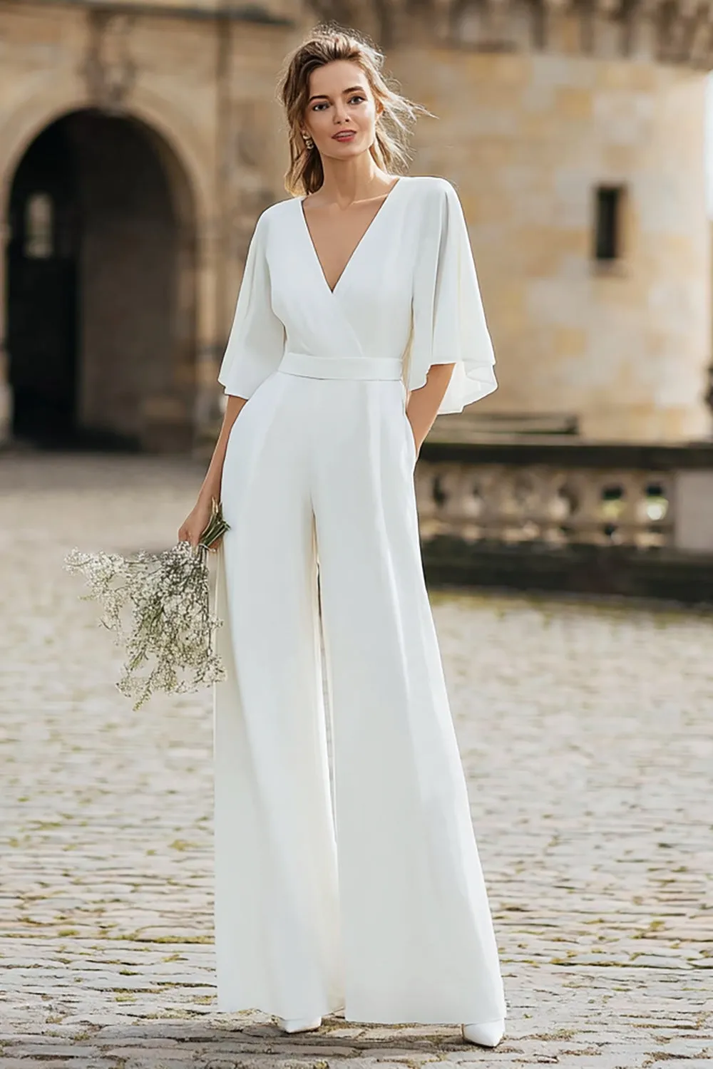 Simple Ivory V-Neck Wedding Jumpsuit with Pocket sold by Zapaka