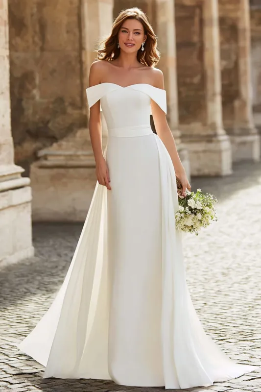 Elegant Ivory Off the Shoulder A Line Long Wedding Dress sold by Zapaka