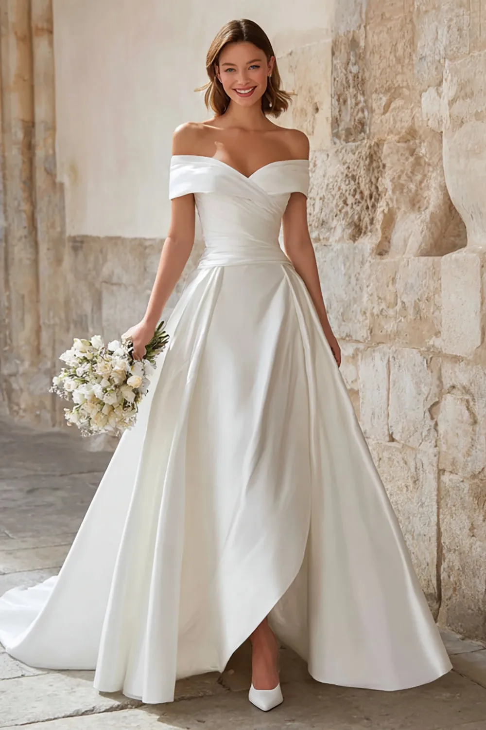 Elegant Ivory A Line Satin Sweep Train Wedding Dress sold by Zapaka