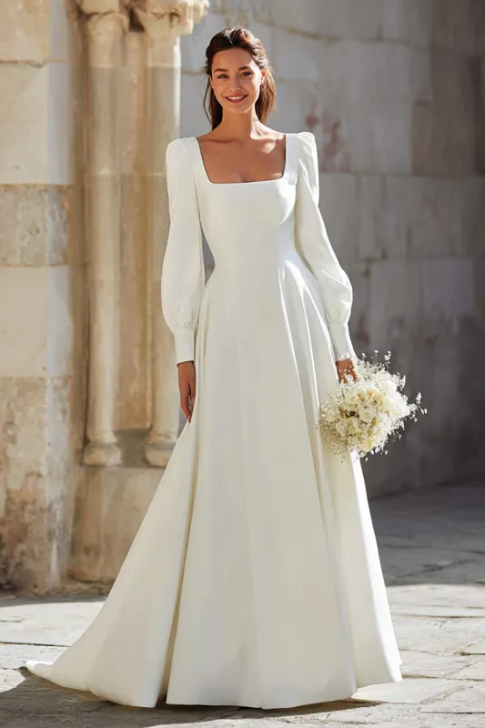 Simple Ivory Square Neck Sweep Train A Line Wedding Dress with Sleeves sold by Zapaka