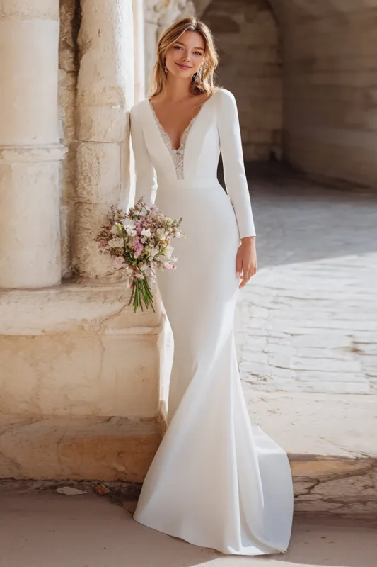 Ivory Mermaid V-Neck Maxi Wedding Dress with Sleeves sold by Zapaka