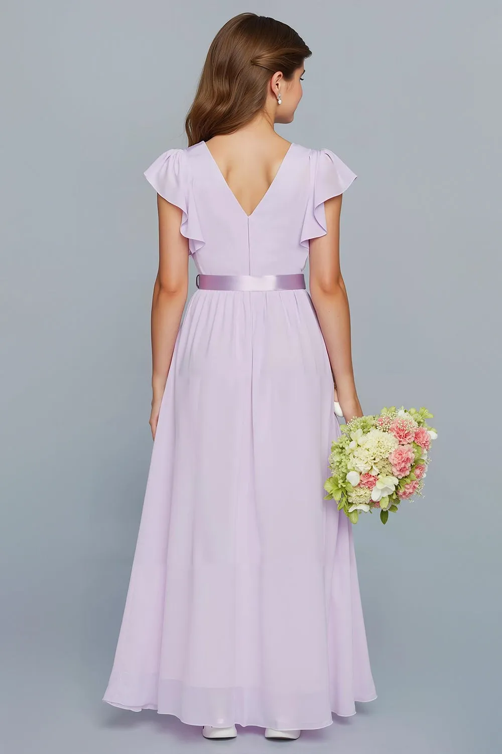Lilac A-Line Chiffon V-Neck Long Junior Bridesmaid Dress with Ruffles sold by Zapaka product image thumbnail 2