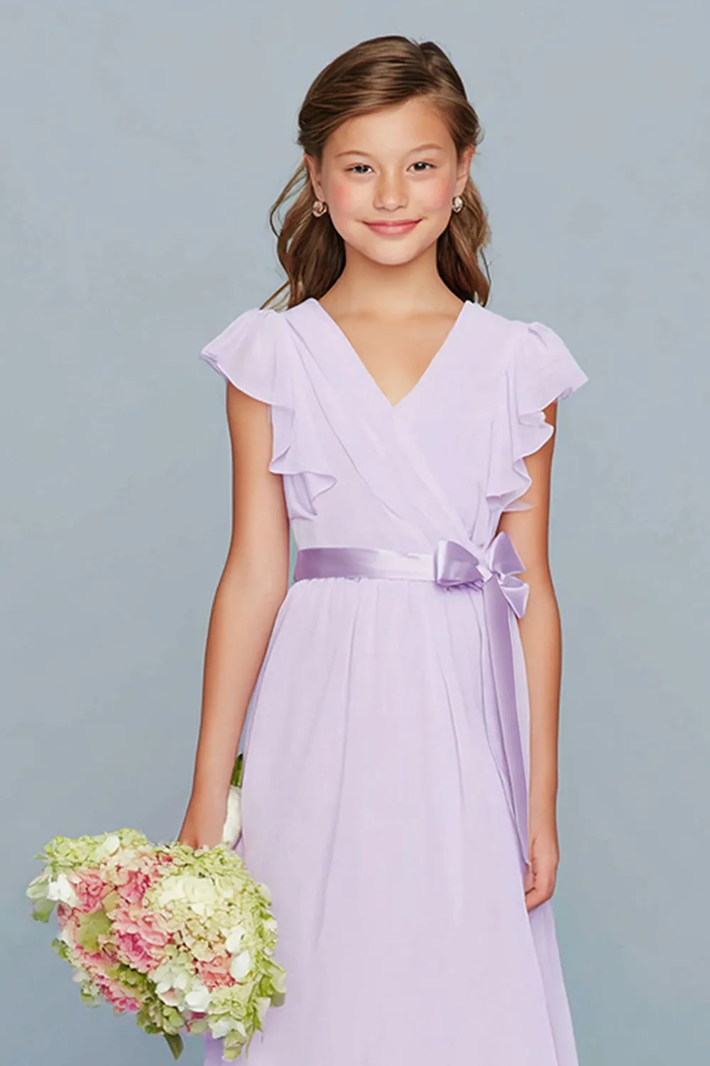 Lilac A-Line Chiffon V-Neck Long Junior Bridesmaid Dress with Ruffles sold by Zapaka product image thumbnail 3