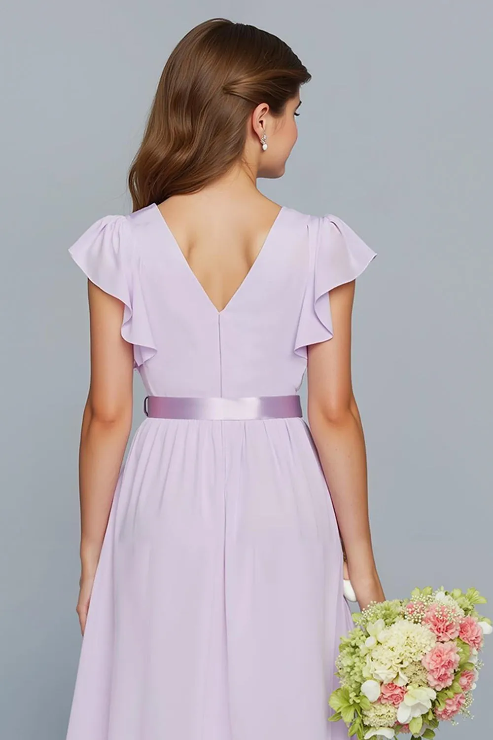 Lilac A-Line Chiffon V-Neck Long Junior Bridesmaid Dress with Ruffles sold by Zapaka product image thumbnail 4