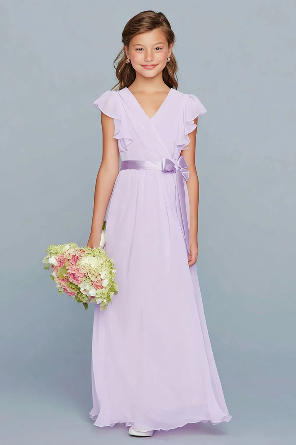 Lilac A-Line Chiffon V-Neck Long Junior Bridesmaid Dress with Ruffles sold by Zapaka