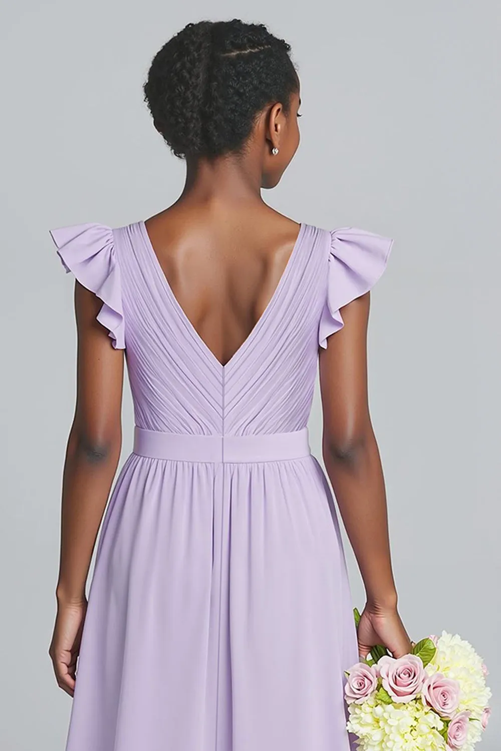 Lilac V-Neck A-Line Chiffon Long Junior Bridesmaid Dress with Ruffles sold by Zapaka product image thumbnail 4