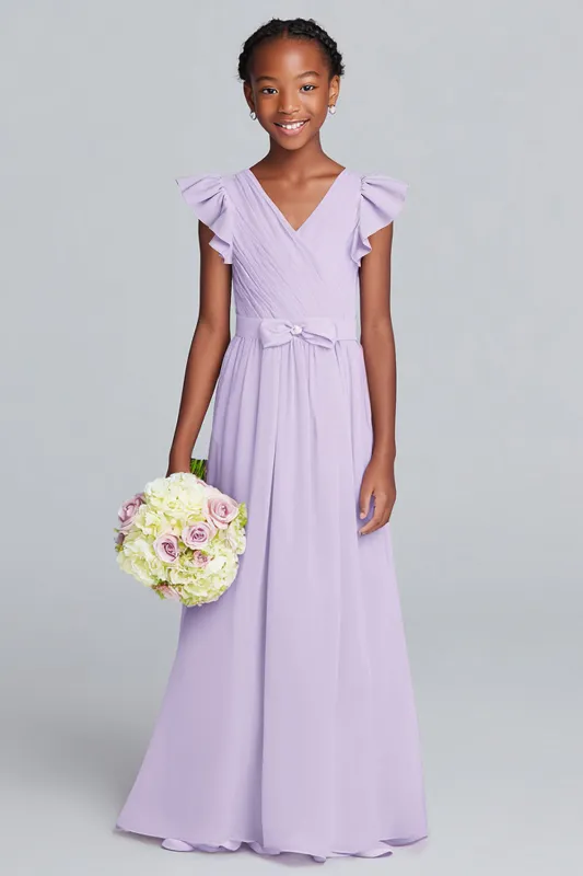Lilac V-Neck A-Line Chiffon Long Junior Bridesmaid Dress with Ruffles sold by Zapaka