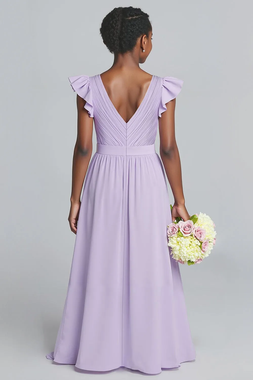 Lilac V-Neck A-Line Chiffon Long Junior Bridesmaid Dress with Ruffles sold by Zapaka product image thumbnail 2