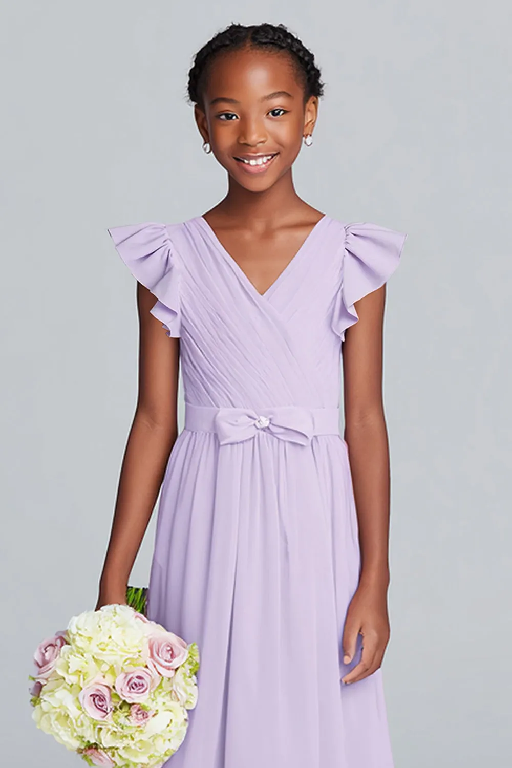Lilac V-Neck A-Line Chiffon Long Junior Bridesmaid Dress with Ruffles sold by Zapaka product image thumbnail 3