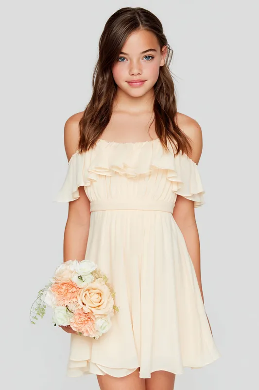 Apricot A-Line Cold Shoulder Chiffon Short Junior Bridesmaid Drss with Ruffles sold by Zapaka