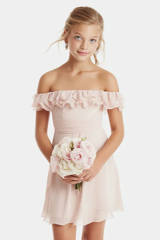 Blush Pink Off the Shoulder A-Line Chiffon Short Junior Bridesmaid Dress with Ruffles sold by Zapaka