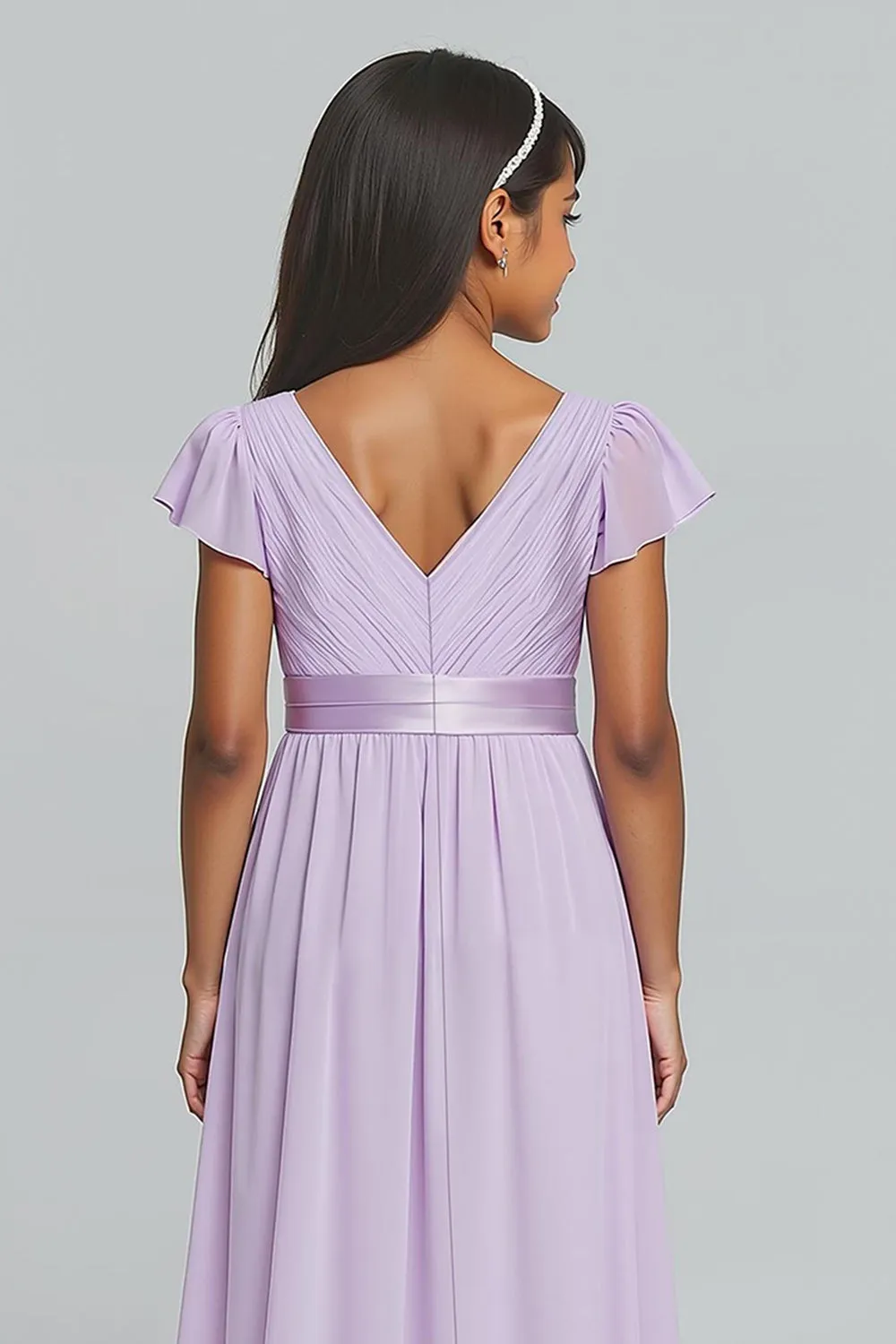 Lilac Chiffon V-Neck A-Line Ruched Long Junior Bridesmaid Dress with Sleeves sold by Zapaka product image thumbnail 4