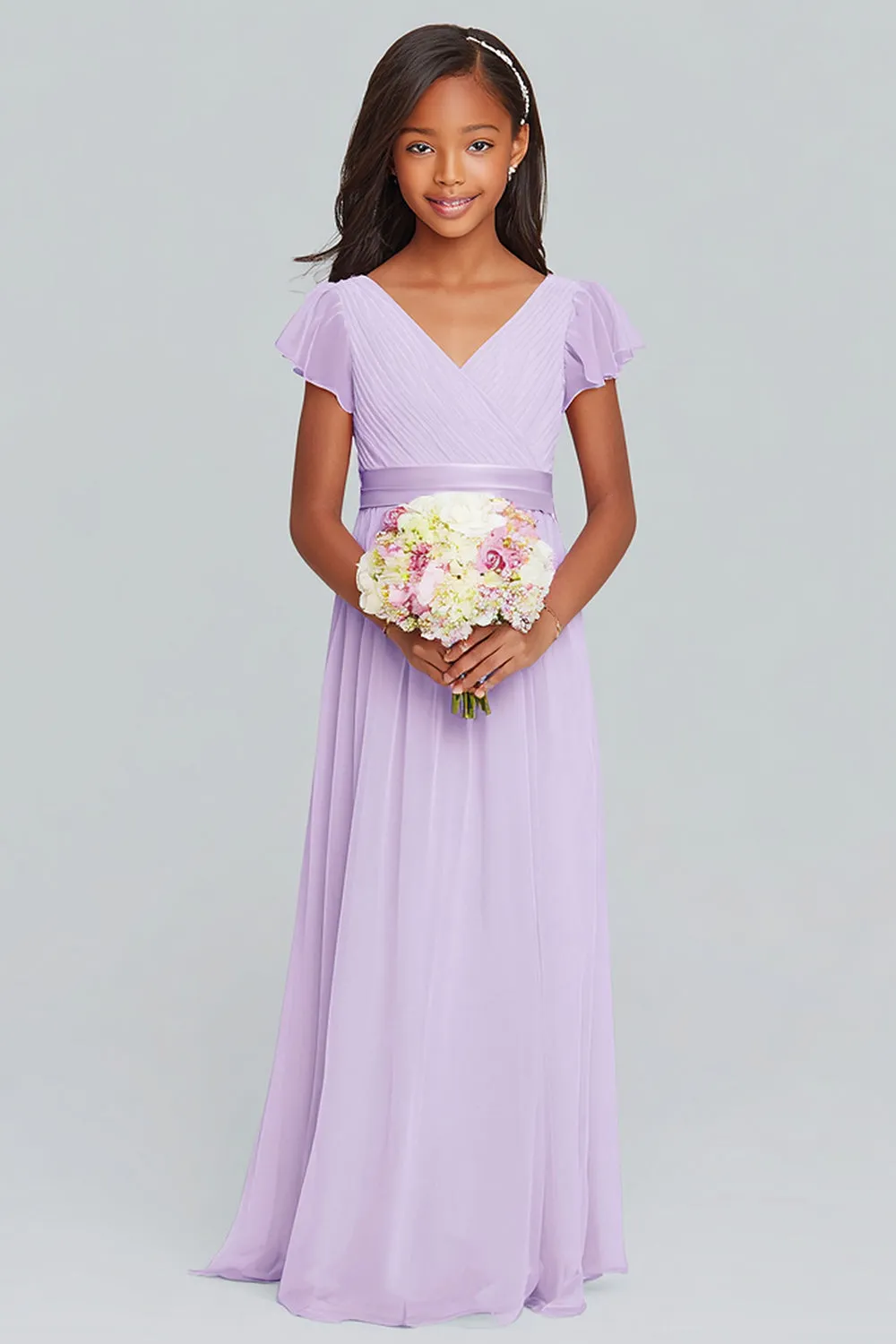 Lilac Chiffon V-Neck A-Line Ruched Long Junior Bridesmaid Dress with Sleeves sold by Zapaka