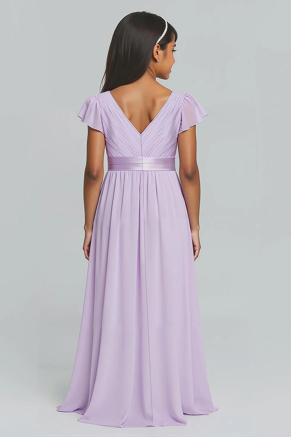 Lilac Chiffon V-Neck A-Line Ruched Long Junior Bridesmaid Dress with Sleeves sold by Zapaka product image thumbnail 2