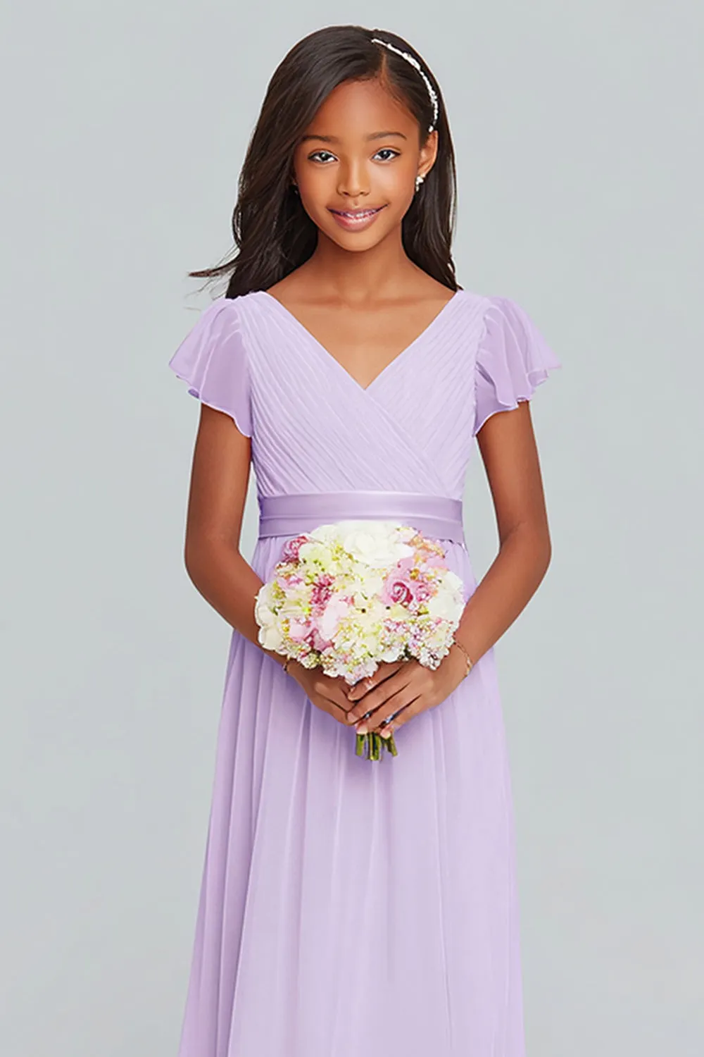 Lilac Chiffon V-Neck A-Line Ruched Long Junior Bridesmaid Dress with Sleeves sold by Zapaka product image thumbnail 3