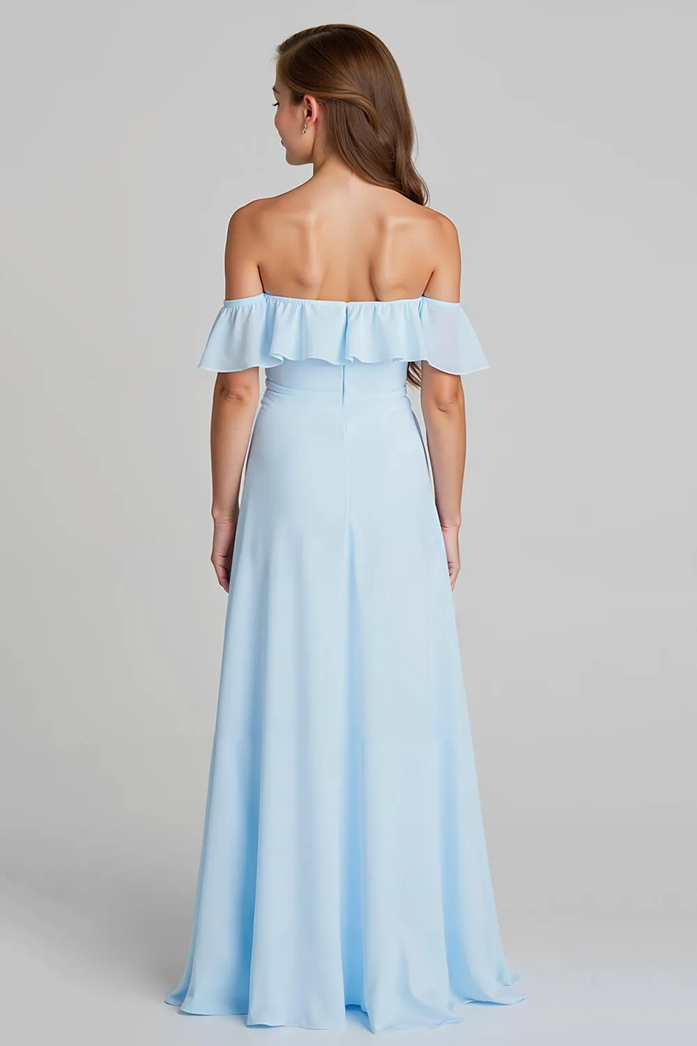 Sky Blue Off the Shoulder Chiffon A-Line Long Junior Bridesmaid Dress sold by Zapaka product image thumbnail 2