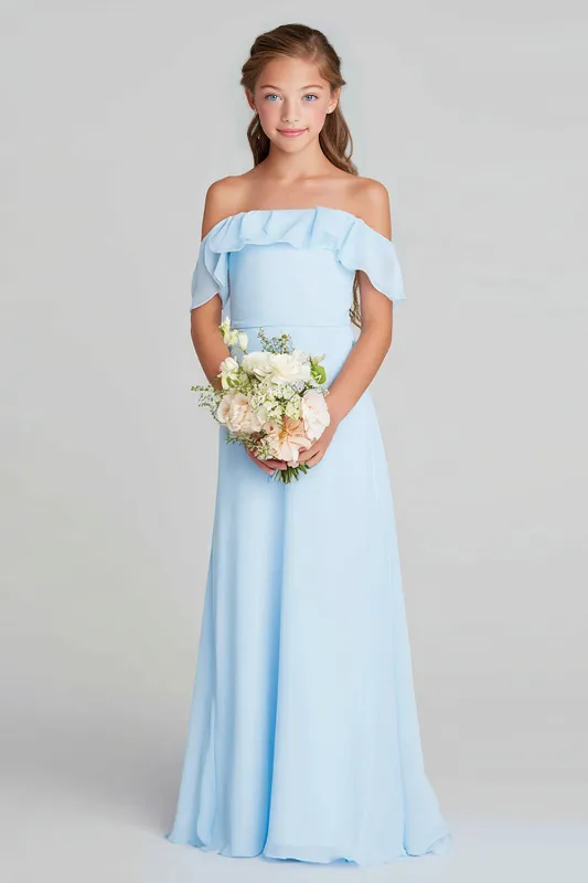 Sky Blue Off the Shoulder Chiffon A-Line  Long Junior Bridesmaid Dress sold by Zapaka