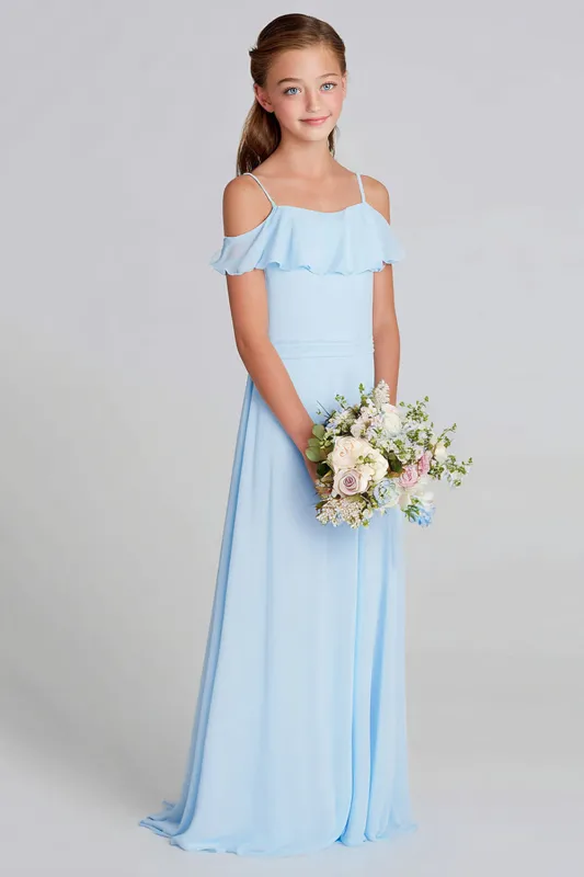 Sky Blue Chiffon A-Line Cold Shoulder Long Junior Bridesmaid Dress sold by Zapaka