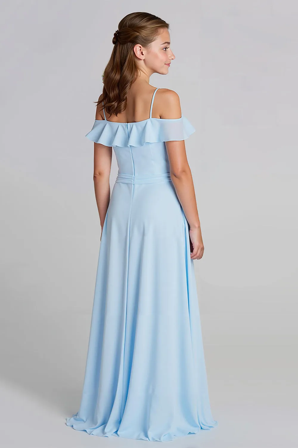 Sky Blue Chiffon A-Line Cold Shoulder Long Junior Bridesmaid Dress sold by Zapaka product image thumbnail 2
