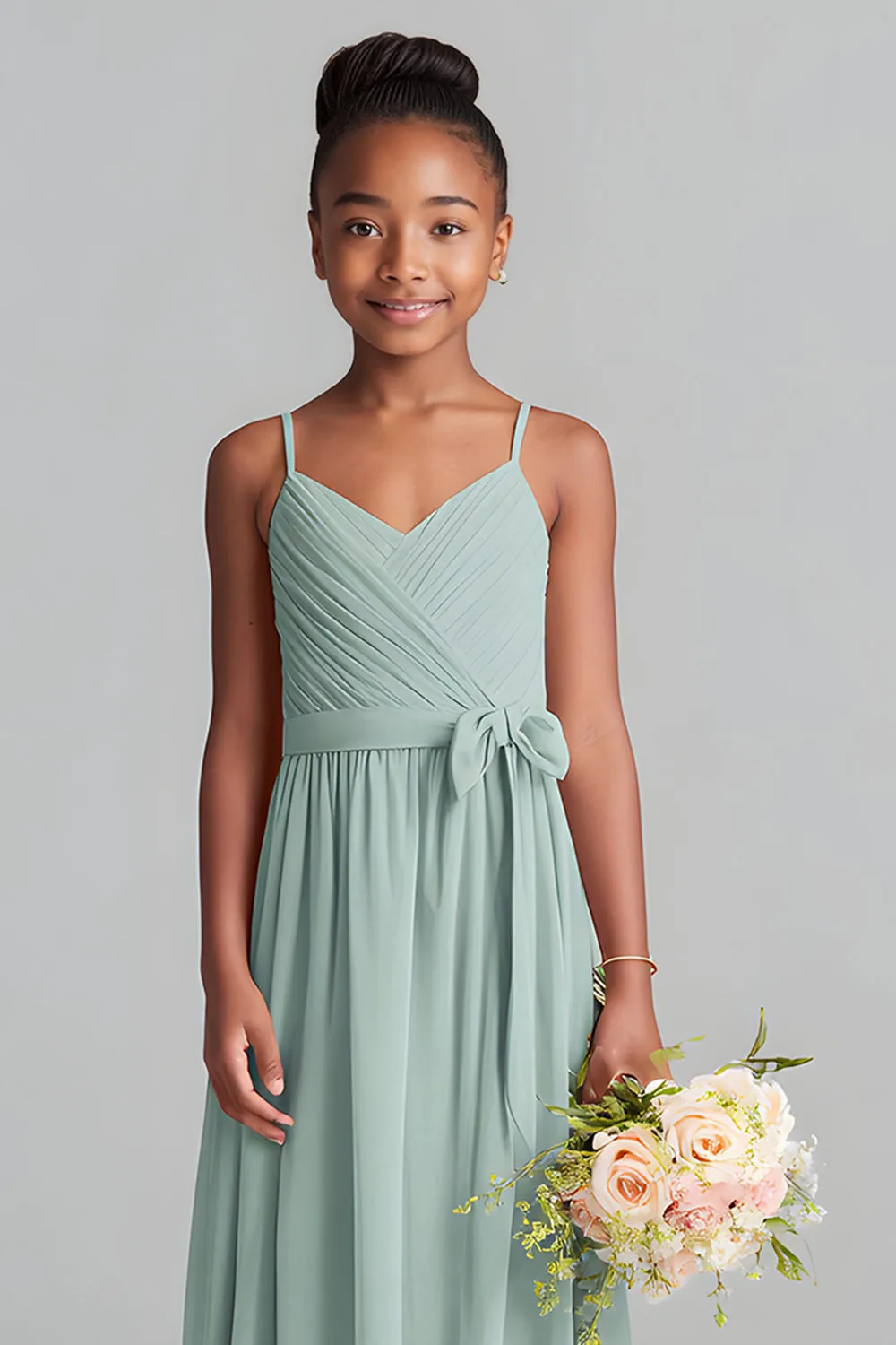 Matcha Spaghetti Straps Chiffon A-Line Long Junior Bridesmaid Dress sold by Zapaka product image thumbnail 3