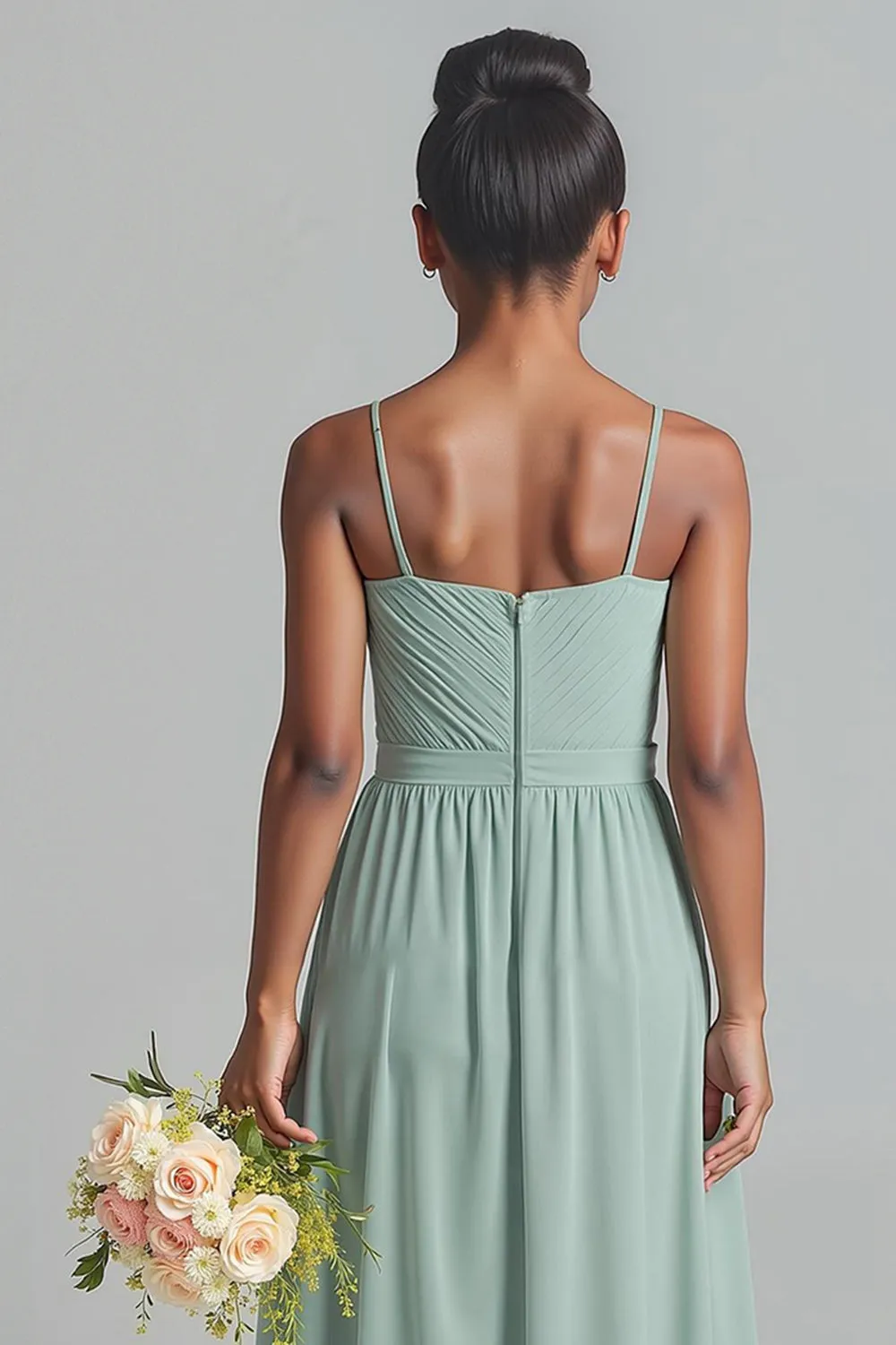 Matcha Spaghetti Straps Chiffon A-Line Long Junior Bridesmaid Dress sold by Zapaka product image thumbnail 4