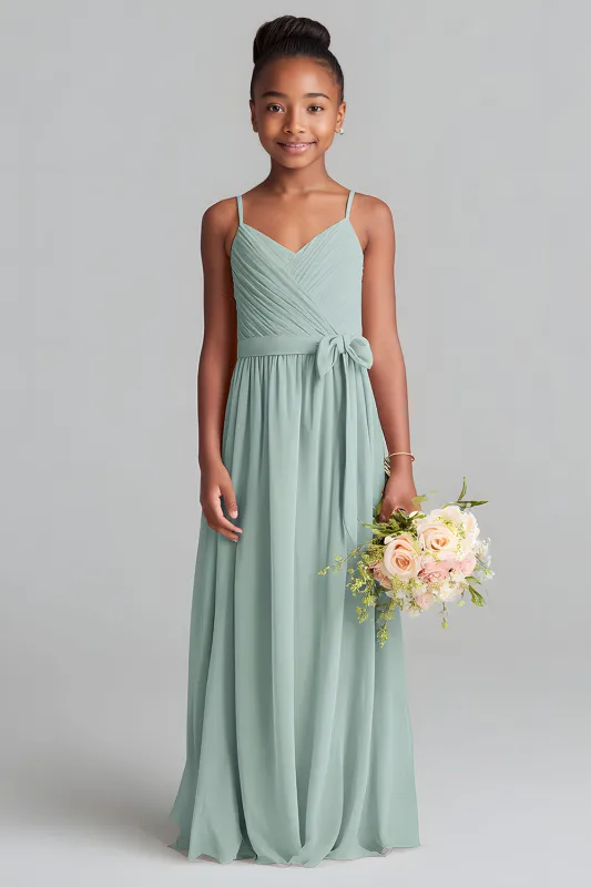 Matcha Spaghetti Straps Chiffon A-Line Long Junior Bridesmaid Dress sold by Zapaka