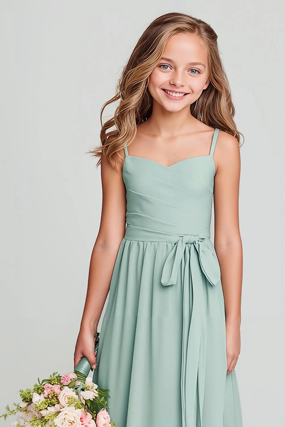 Matcha Spaghetti Straps Chiffon Ruched A-Line Long Junior Bridesmaid Dress sold by Zapaka product image thumbnail 3