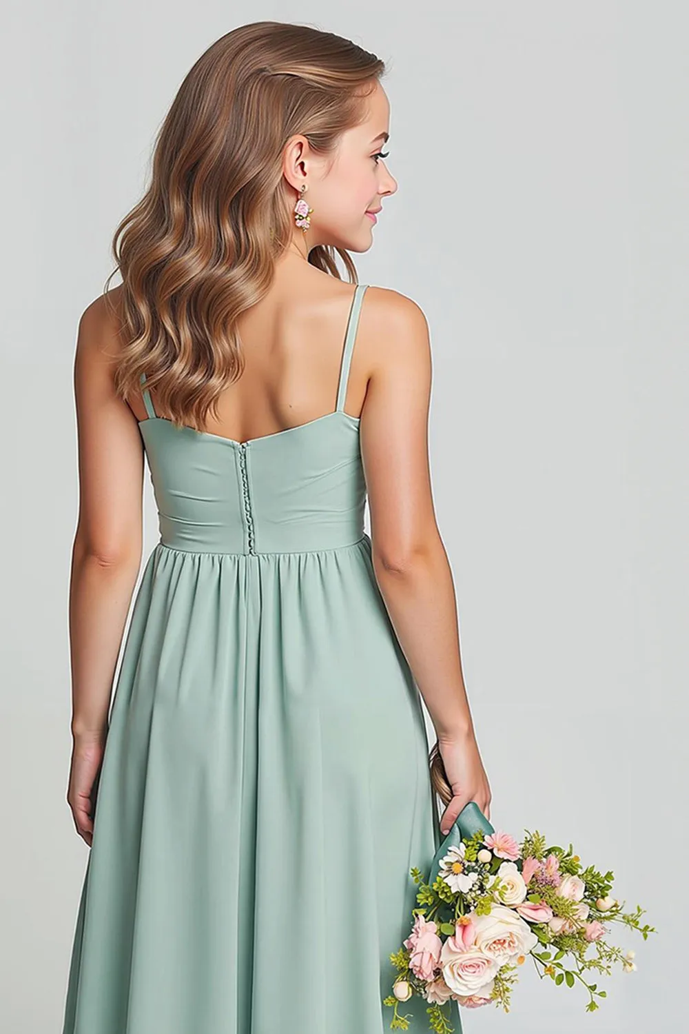 Matcha Spaghetti Straps Chiffon Ruched A-Line Long Junior Bridesmaid Dress sold by Zapaka product image thumbnail 4