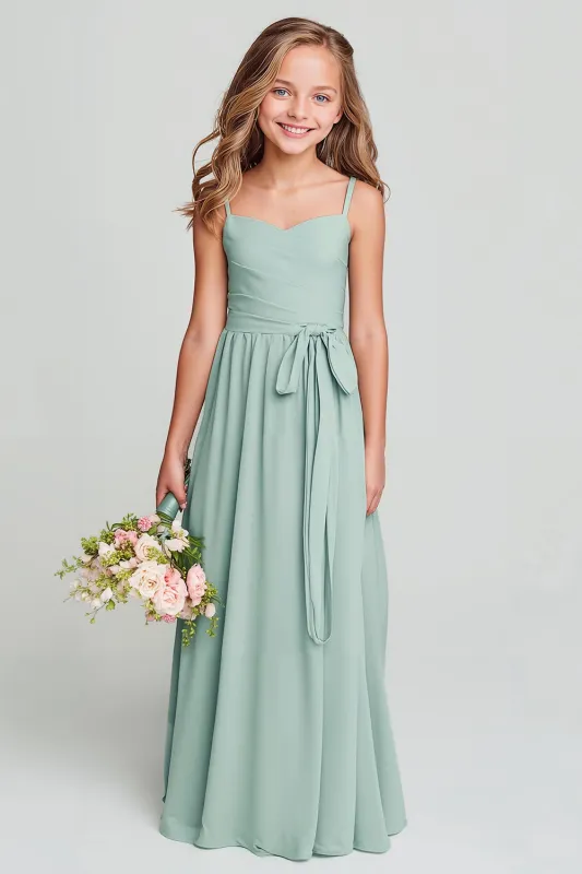 Matcha Spaghetti Straps Chiffon Ruched A-Line Long Junior Bridesmaid Dress sold by Zapaka