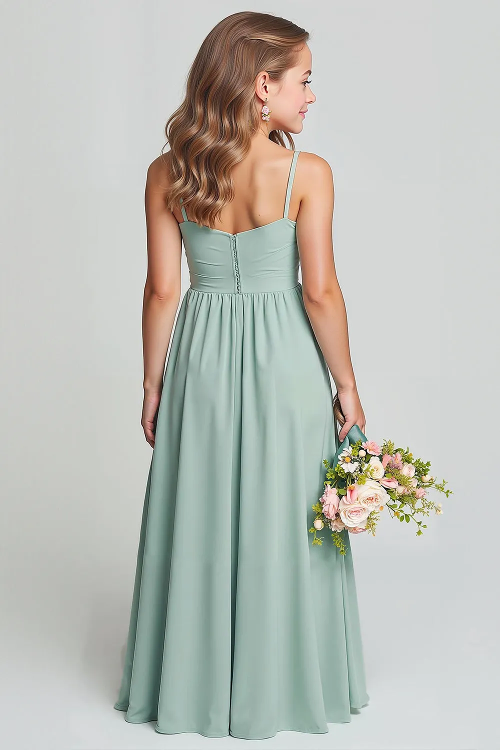 Matcha Spaghetti Straps Chiffon Ruched A-Line Long Junior Bridesmaid Dress sold by Zapaka product image thumbnail 2