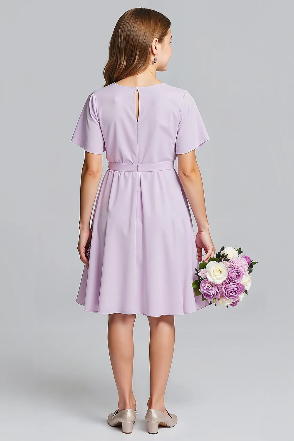 Purple V-Neck Chiffon A-Line Midi Junior Bridesmaid Dress with Short Sleeves sold by Zapaka product image thumbnail 2