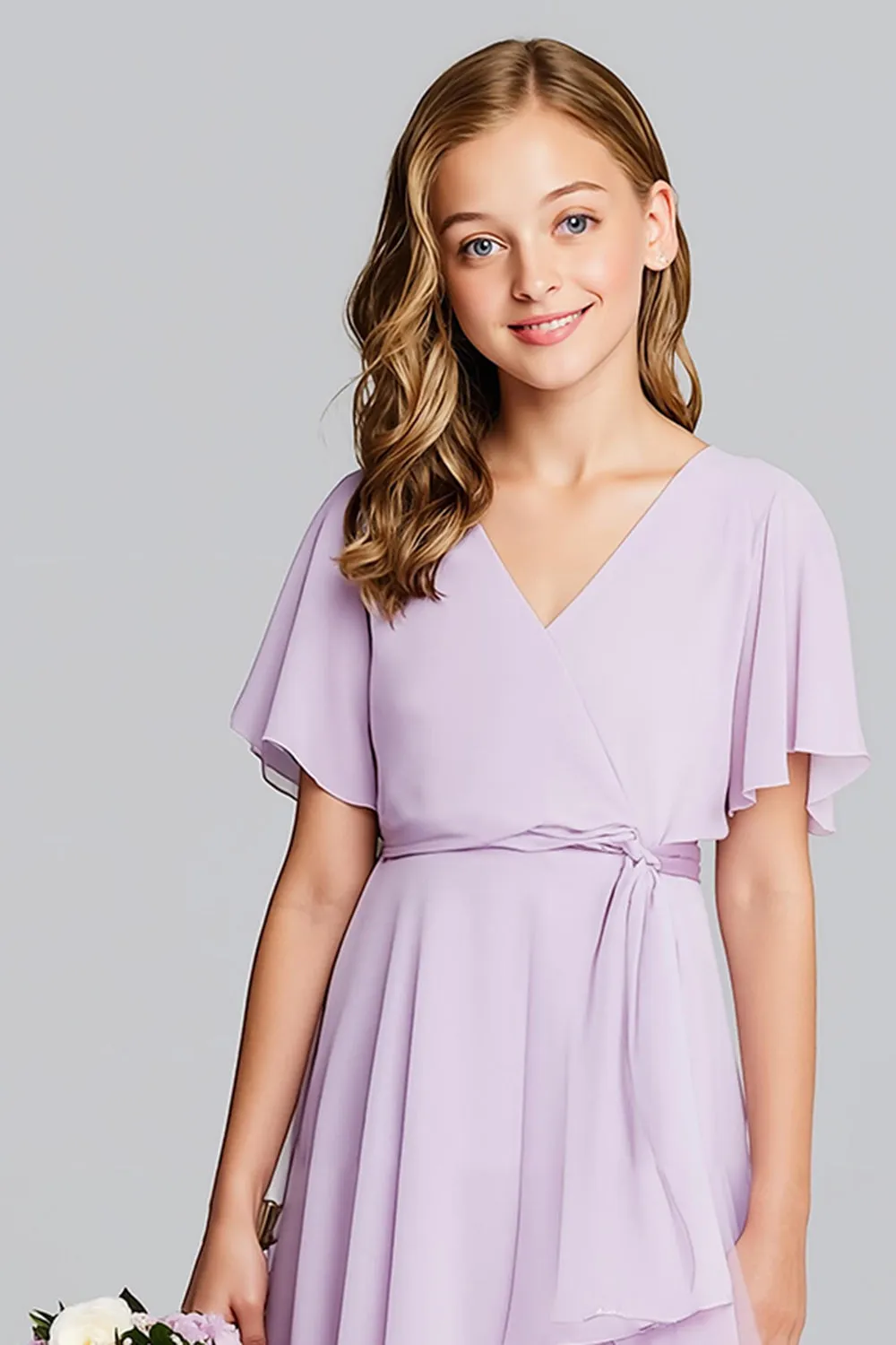 Purple V-Neck Chiffon A-Line Midi Junior Bridesmaid Dress with Short Sleeves sold by Zapaka product image thumbnail 3