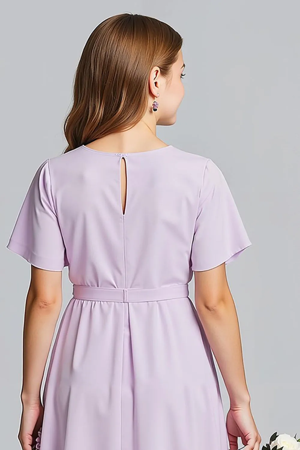 Purple V-Neck Chiffon A-Line Midi Junior Bridesmaid Dress with Short Sleeves sold by Zapaka product image thumbnail 4