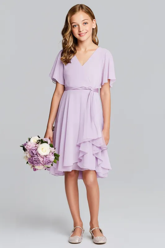 Purple V-Neck Chiffon A-Line Midi Junior Bridesmaid Dress with Short Sleeves sold by Zapaka