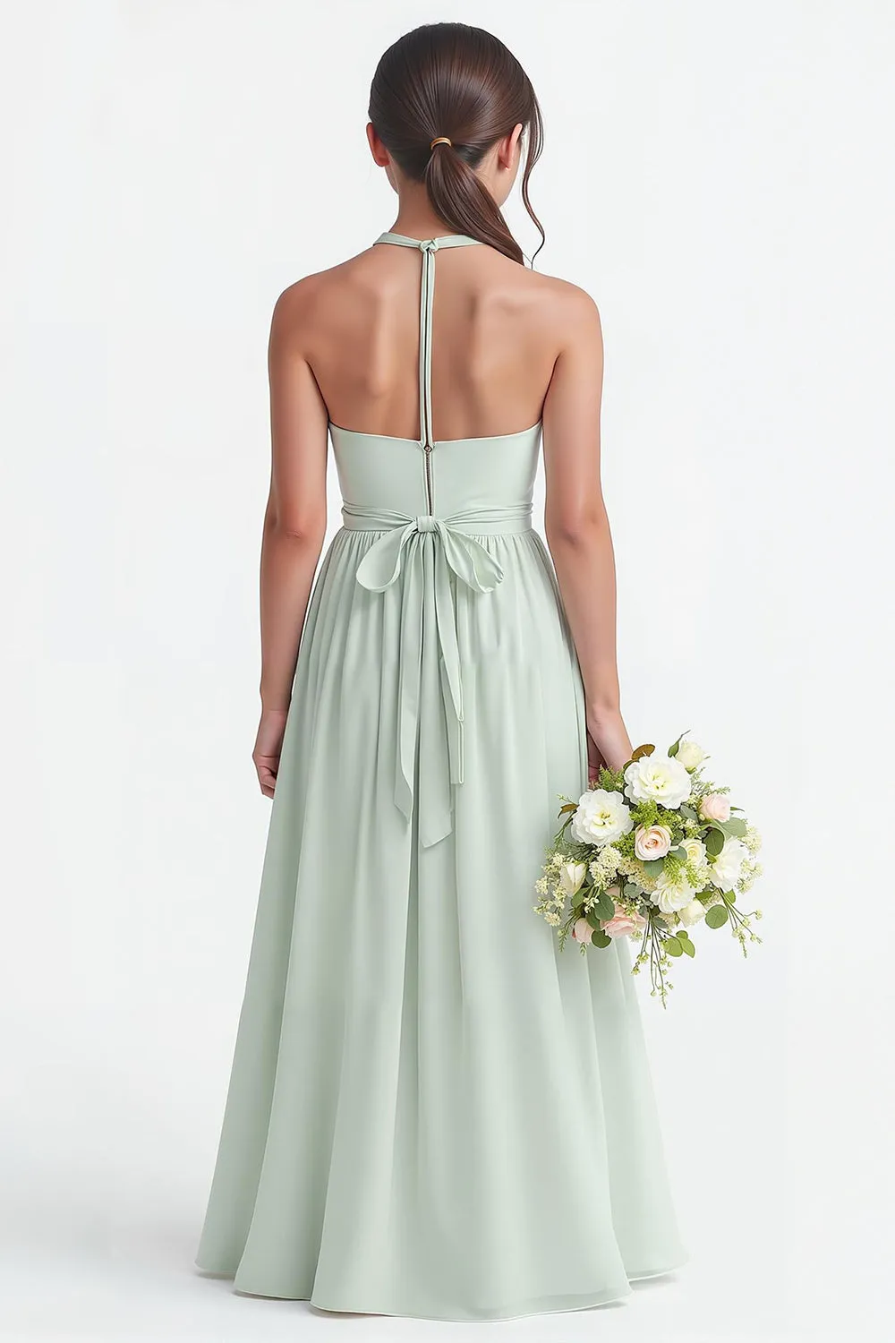 Sage Green Halter Chiffon A-Line Long Junior Bridesmaid Dress sold by Zapaka product image thumbnail 2