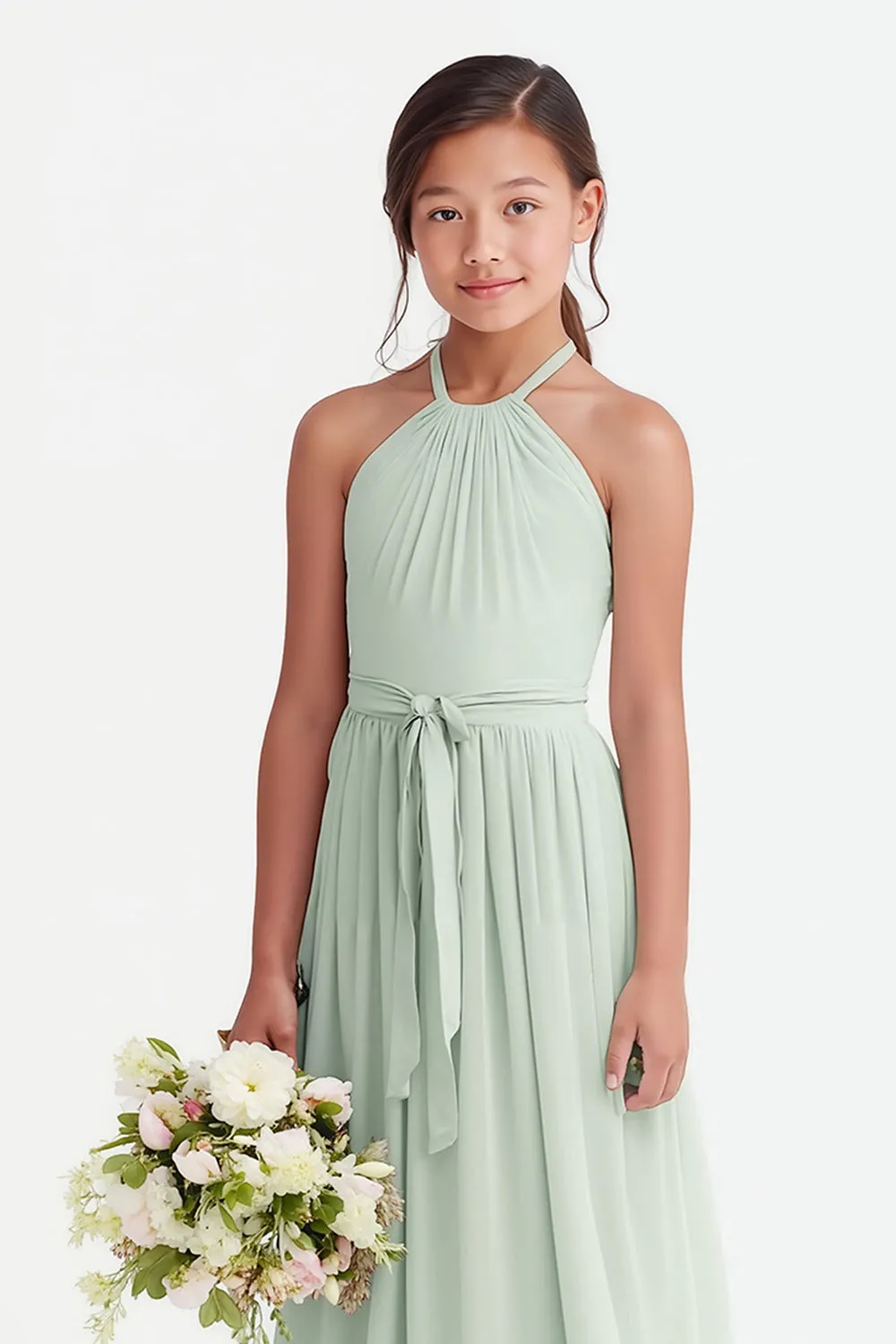 Sage Green Halter Chiffon A-Line Long Junior Bridesmaid Dress sold by Zapaka product image thumbnail 3