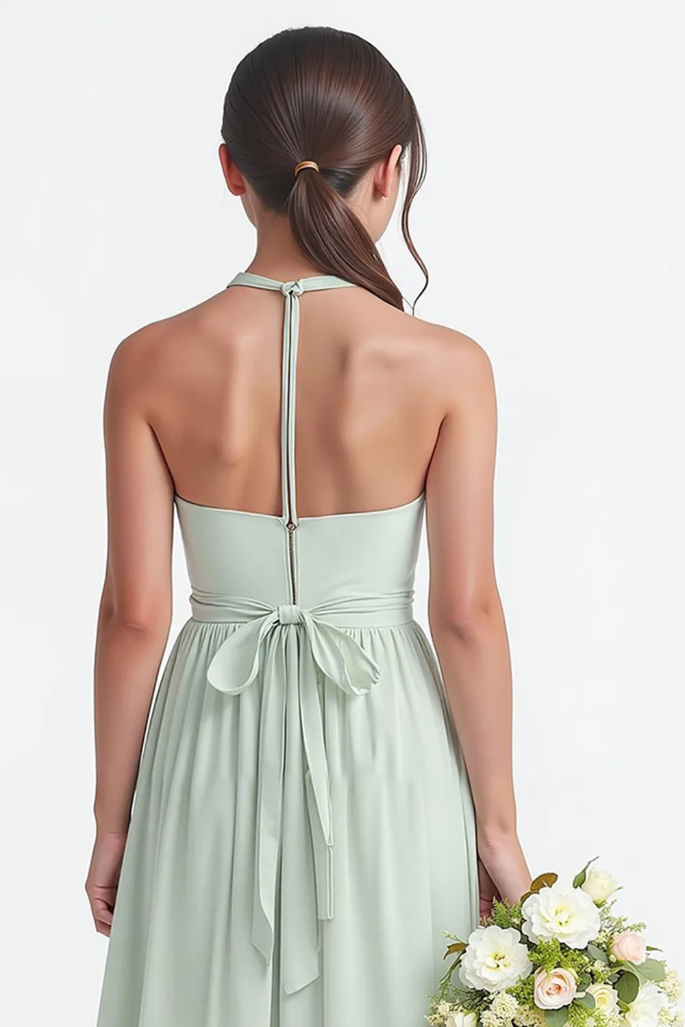 Sage Green Halter Chiffon A-Line Long Junior Bridesmaid Dress sold by Zapaka product image thumbnail 4