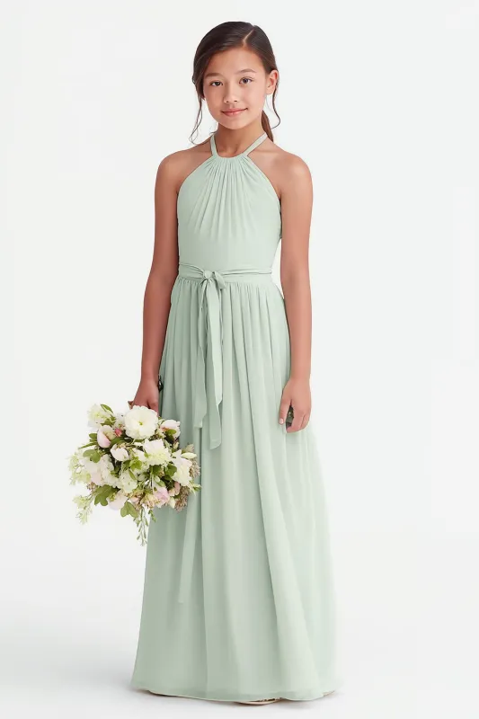 Sage Green Halter Chiffon A-Line Long Junior Bridesmaid Dress sold by Zapaka