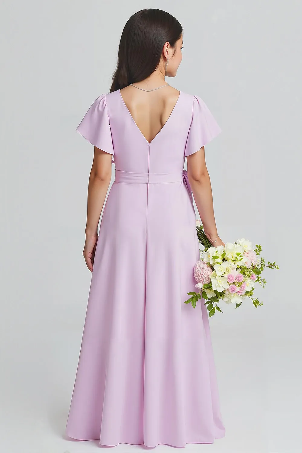 Purple V-Neck A-Line Chiffon Short Sleeves Long Junior Bridesmaid Dress sold by Zapaka product image thumbnail 2