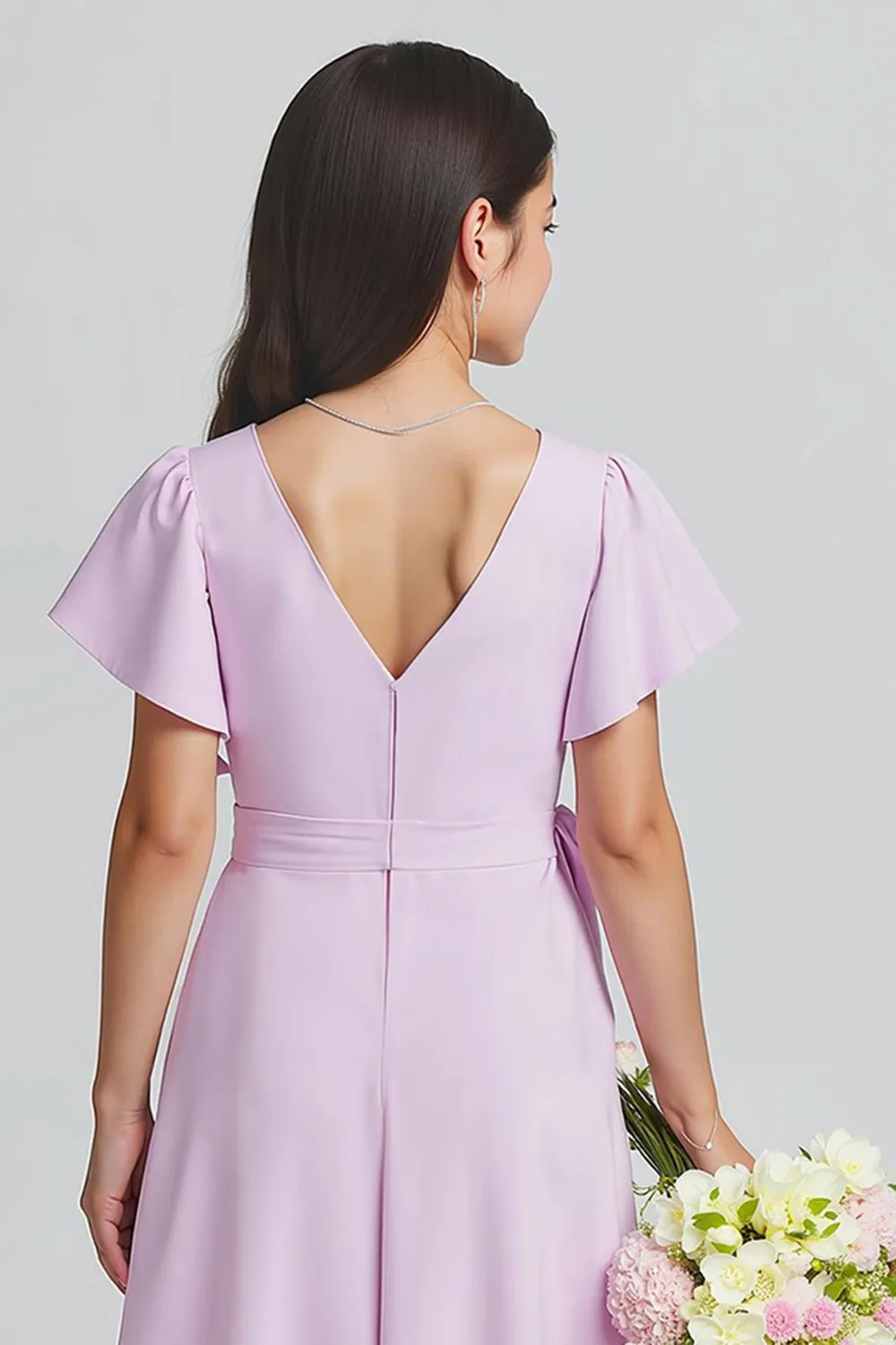 Purple V-Neck A-Line Chiffon Short Sleeves Long Junior Bridesmaid Dress sold by Zapaka product image thumbnail 4