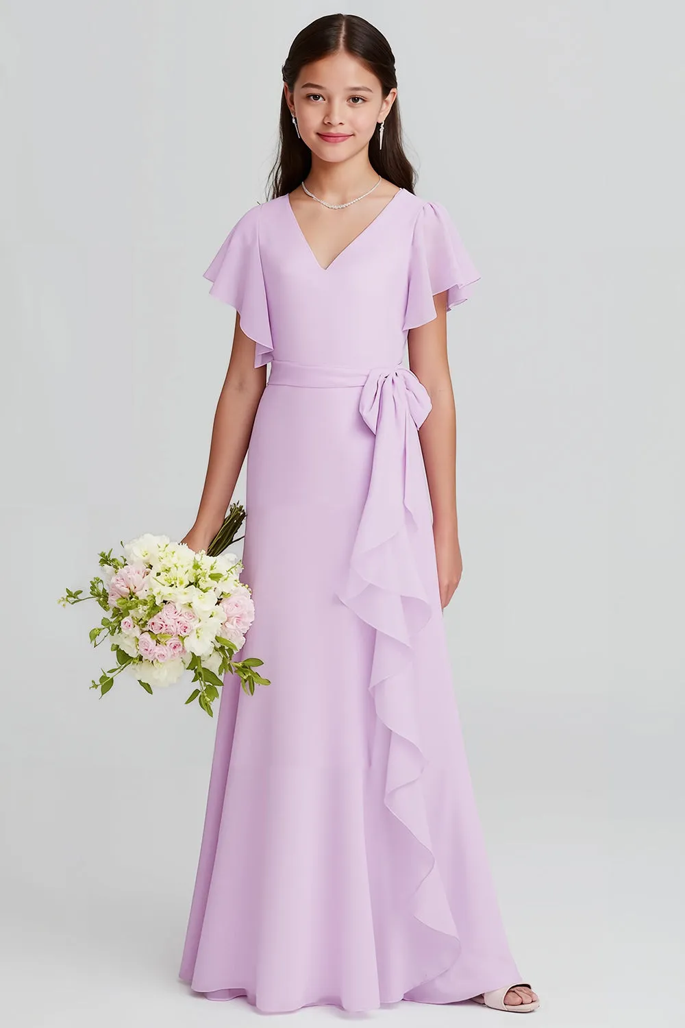 Purple V-Neck A-Line Chiffon Short Sleeves Long Junior Bridesmaid Dress sold by Zapaka