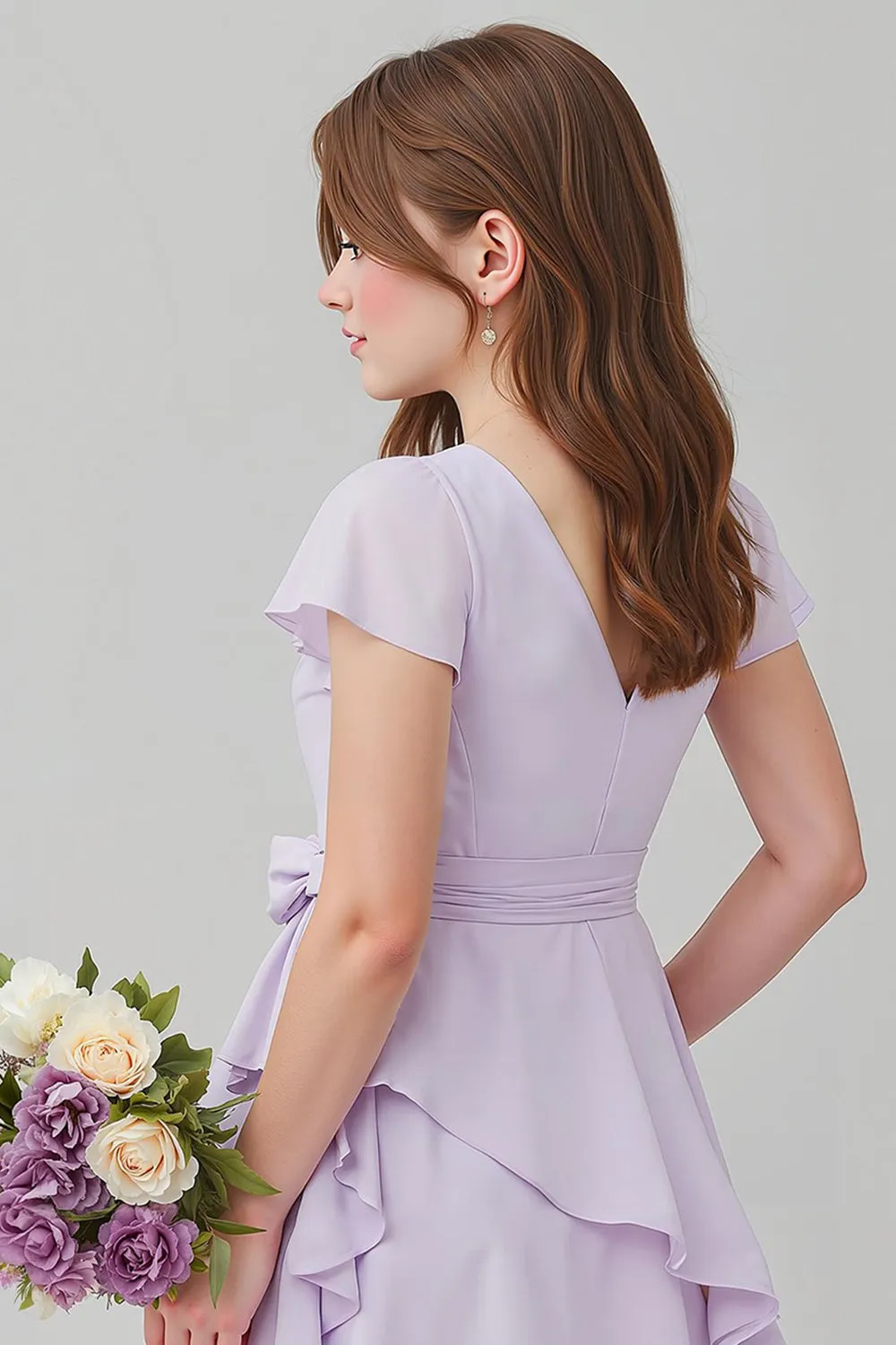 Purple Chiffon V-Neck A-Line Short Junior Bridesmaid Dress with Ruffles sold by Zapaka product image thumbnail 4