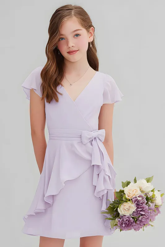 Purple Chiffon V-Neck A-Line Short Junior Bridesmaid Dress with Ruffles sold by Zapaka