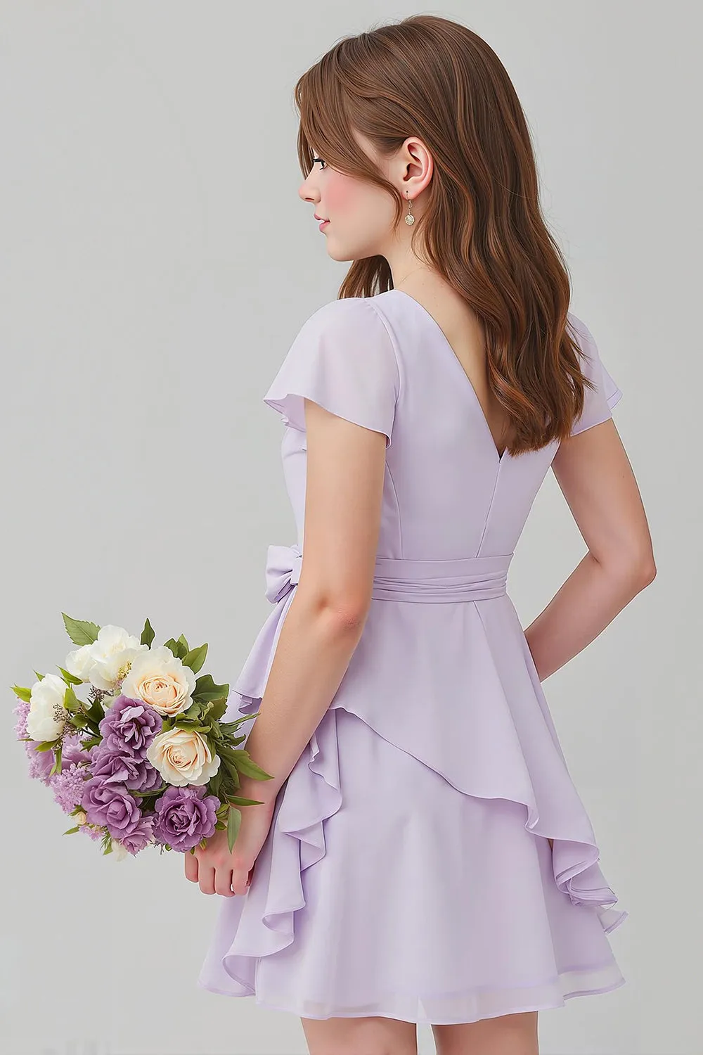 Purple Chiffon V-Neck A-Line Short Junior Bridesmaid Dress with Ruffles sold by Zapaka product image thumbnail 2